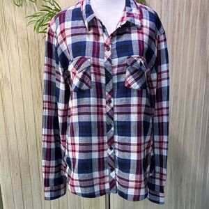 beachlunchlounge Burgundy, Blue & White Plaid Button Up, 100% Cotton, Med, NWOT